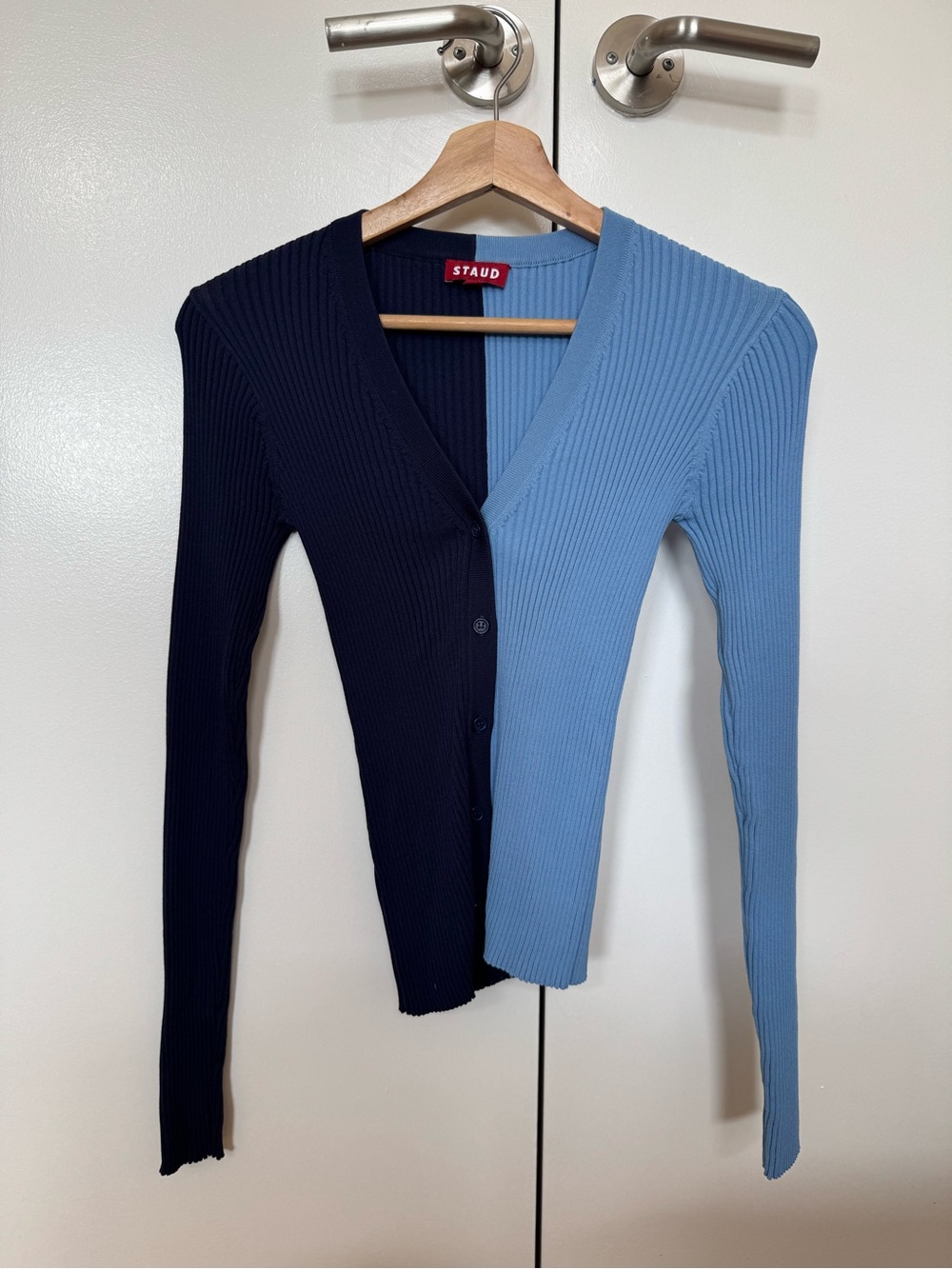 STAUD Two-Tone Ribbed V-Neck Cardigan in Navy & Light Blue